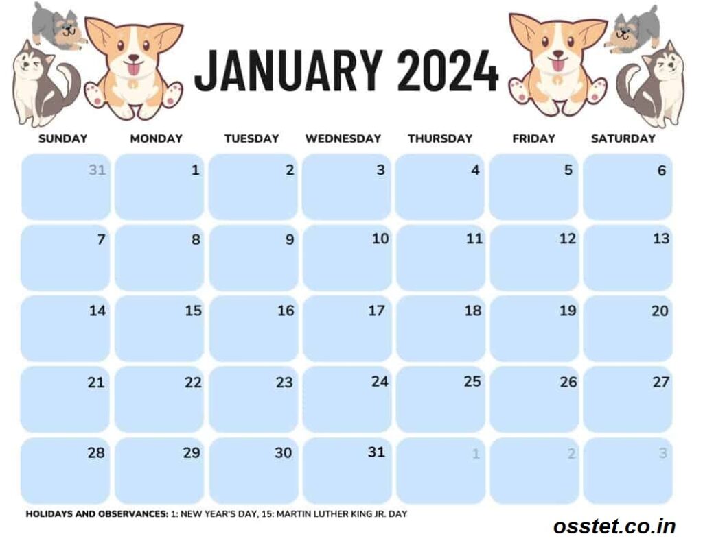Cute Puppy Design January 2024 Calendar