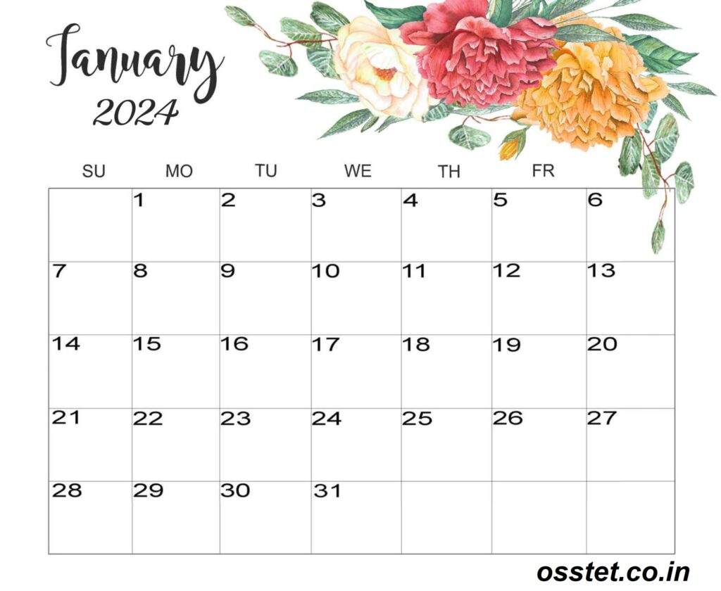 Printable Floral January 2024 Calendar