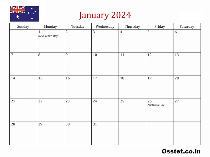 Printable January 2024 Australia Calendar
