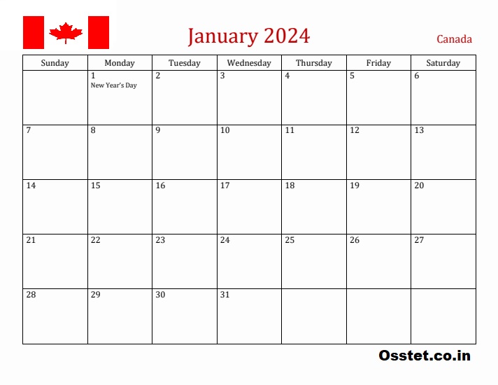Printable January 2024 Canada Calendar