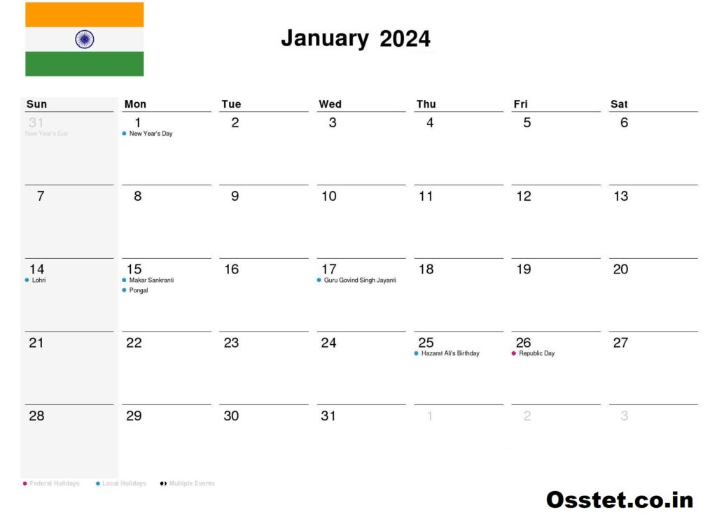 Printable January 2024 India Calendar
