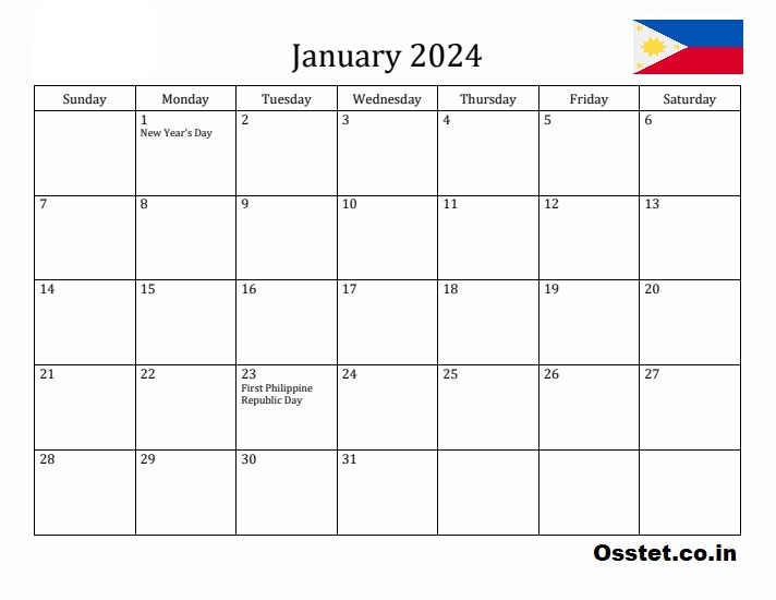 Printable January 2024 Philippines Calendar