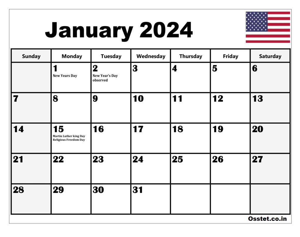 Printable January 2024 USA Calendar