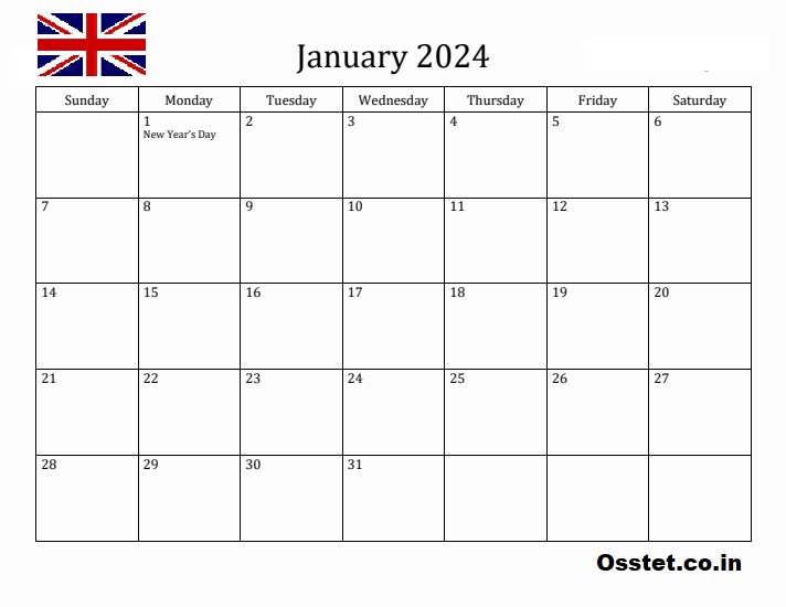 Printable January 2024 Uk Calendar