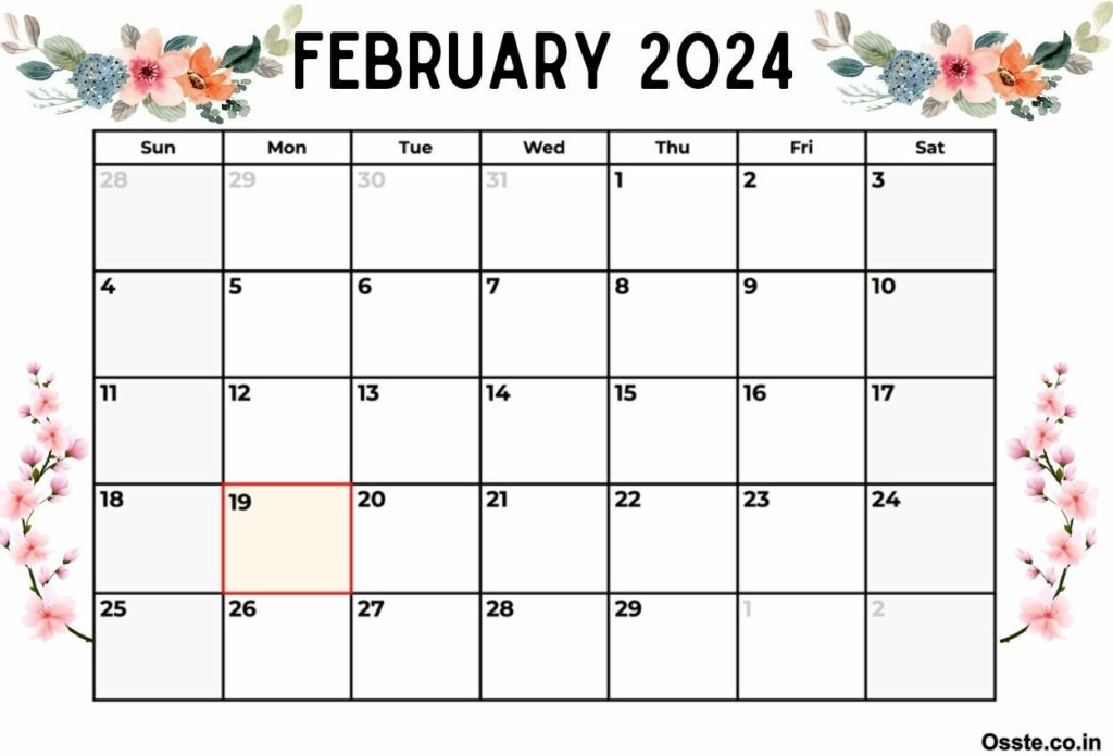 February 2024 Calendar Floral Wall Template