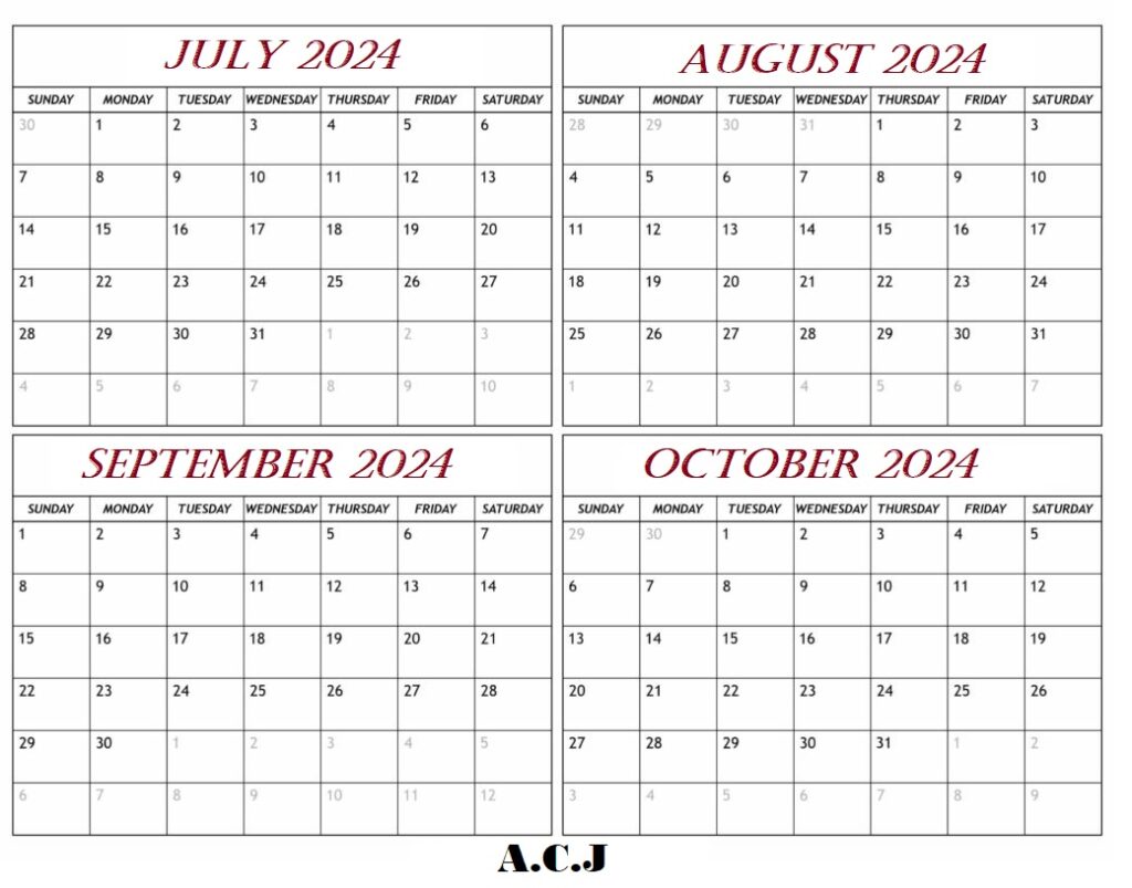 July To October 2024 Calendar Excel