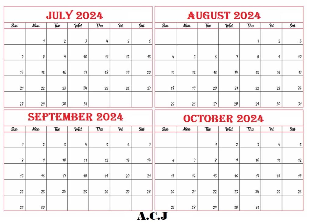 July To October 2024 Calendar Printable PDF