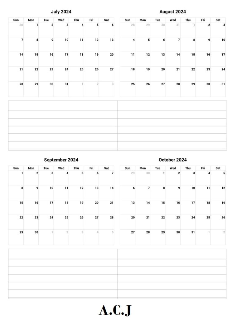 July To October 2024 Printable Template PDF Word Excel