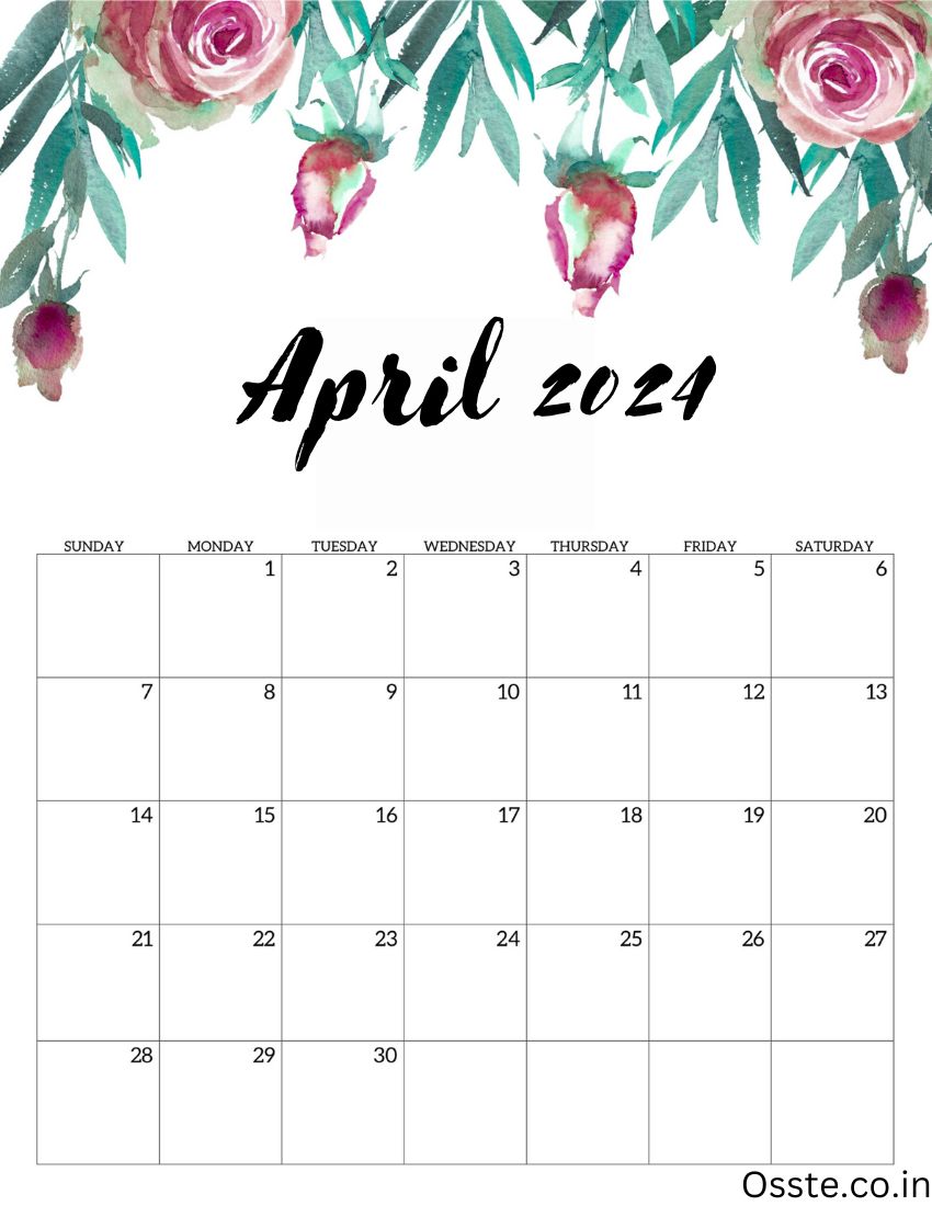April 2024 Calendar Floral PNG