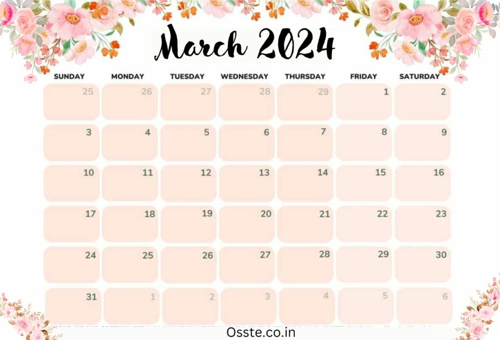 Floral March 2024 Calendar wall template