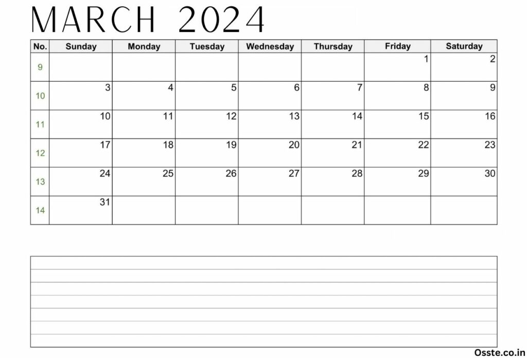 Free March 2024 Calendar With Notes