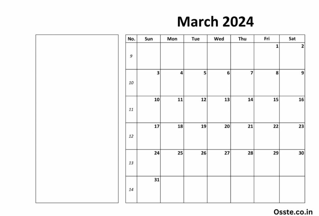 Free March 2024 Calendar With note