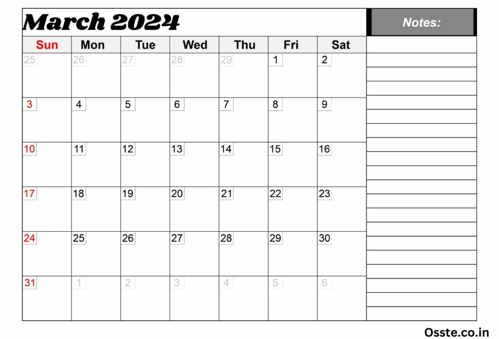 March 2024 Calendar With note