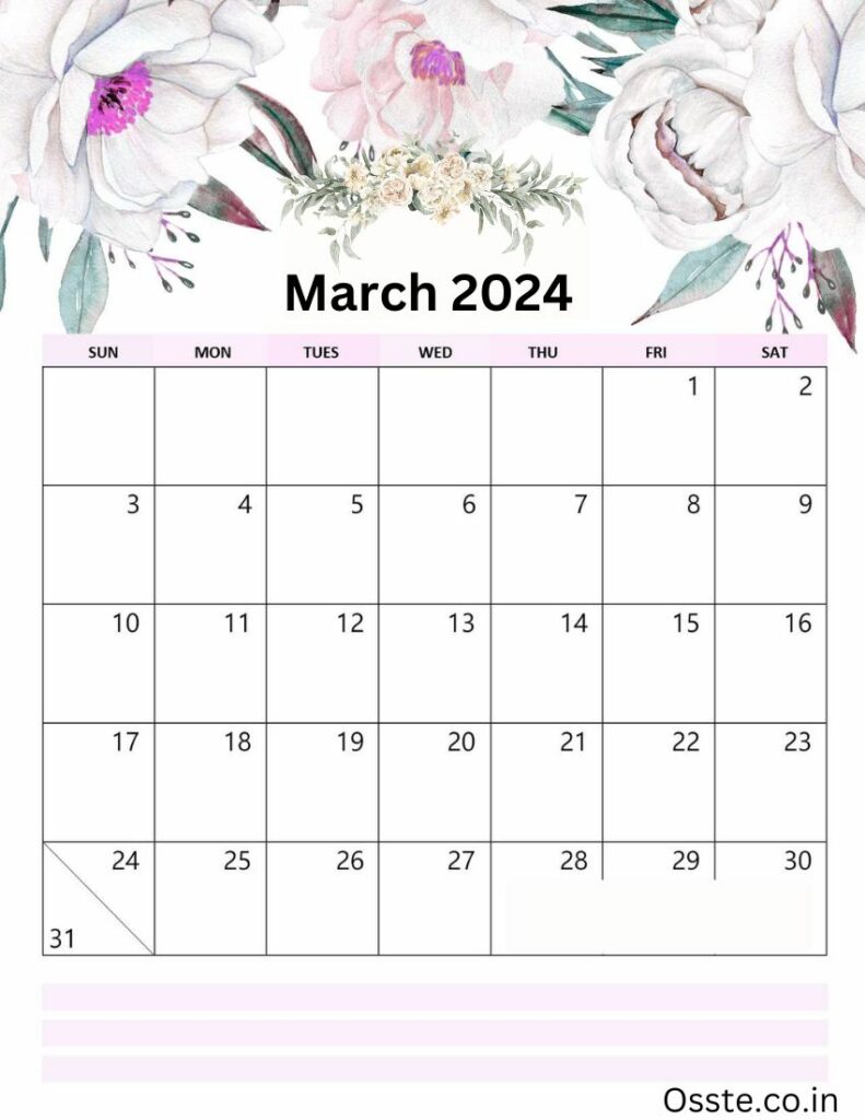 March 2024 Floral Calendar With Note