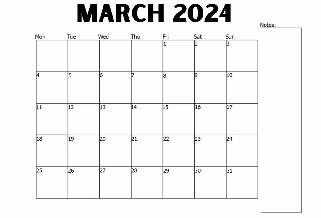 March 2024 blank notes Calendar