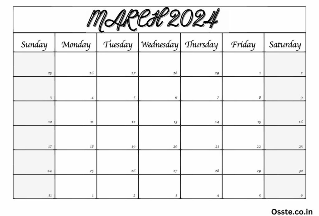 printable editable March 2024 Calendar
