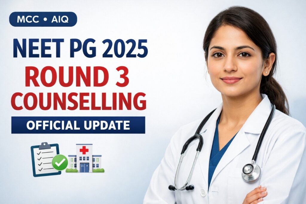 NEET PG 2025 Round 3 counselling official update by MCC showing doctor image and counselling information
